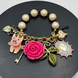 Betsey Johnson Rose Garden Flowers Rose Flying Pig Charm Half Stretch Bracelet